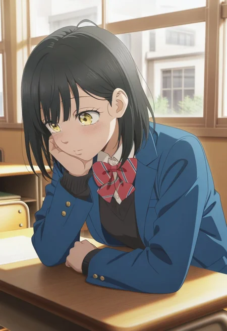 masterpiece,best quality,amazing quality, ishimori uka, black hair, yellow eyes, medium hair, 1girl, solo, school uniform, bow, indoors, jacket, window, striped bow, bowtie, short hair, desk, red bow, blue jacket, classroom