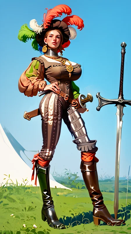 score_9, score_8_up, score_7_up, score_6_up, realistic, 1girl, (tall:1.3), slender, slim waist, huge breasts, (round ass:0.4), perfect face, dynamic angle, motley, pants, boots, hat, jewelry, plume, weapon, sword, cuirass, greaves,  l4ndskn3cht,  outdoors, deep arroyo <lora:landsknecht-PNY-000009:1.0>
 <lora:Dramatic Lighting Slider:1>   <lora:landsknecht-SDXL:0.9>  <lora:officialpit_v2-8:0.2>