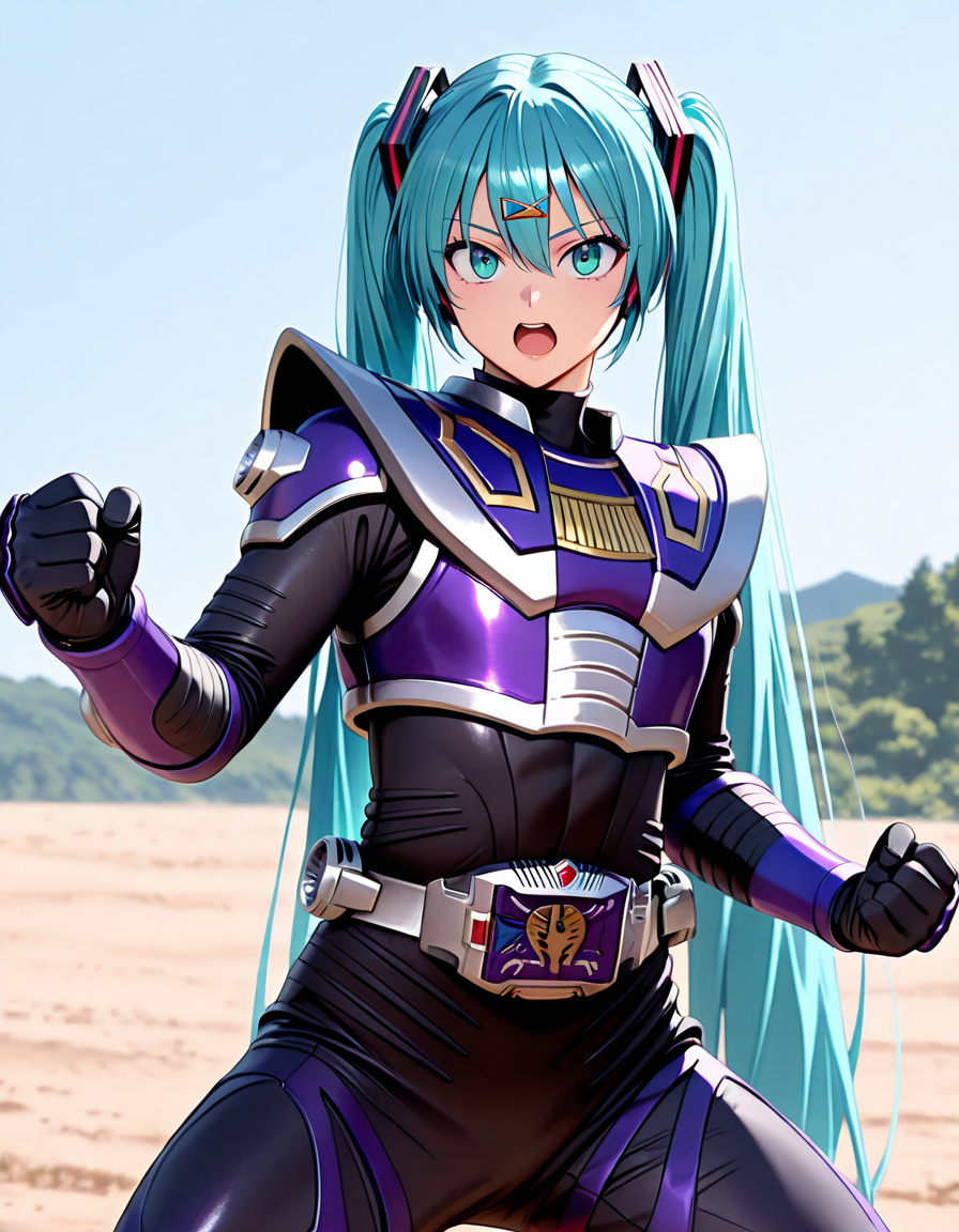 masterpiece, best quality, amazing quality, very aesthetic, absurdres, newest,shiny skin  (((anime screenshot:1))),  anime coloring,   hatsune miku,  twintails,  blue hair,  fighting stance,  hairclip  looking at viewer,  open mouth 1girl , flat chest, krouja, robot, solo, kouja helmet, kouja armor, kouja bodysuit, kouja belt, kouja black gloves, kouja boots, helmetless  <lora:Kamen_Rider_Ryuki_fix:1>