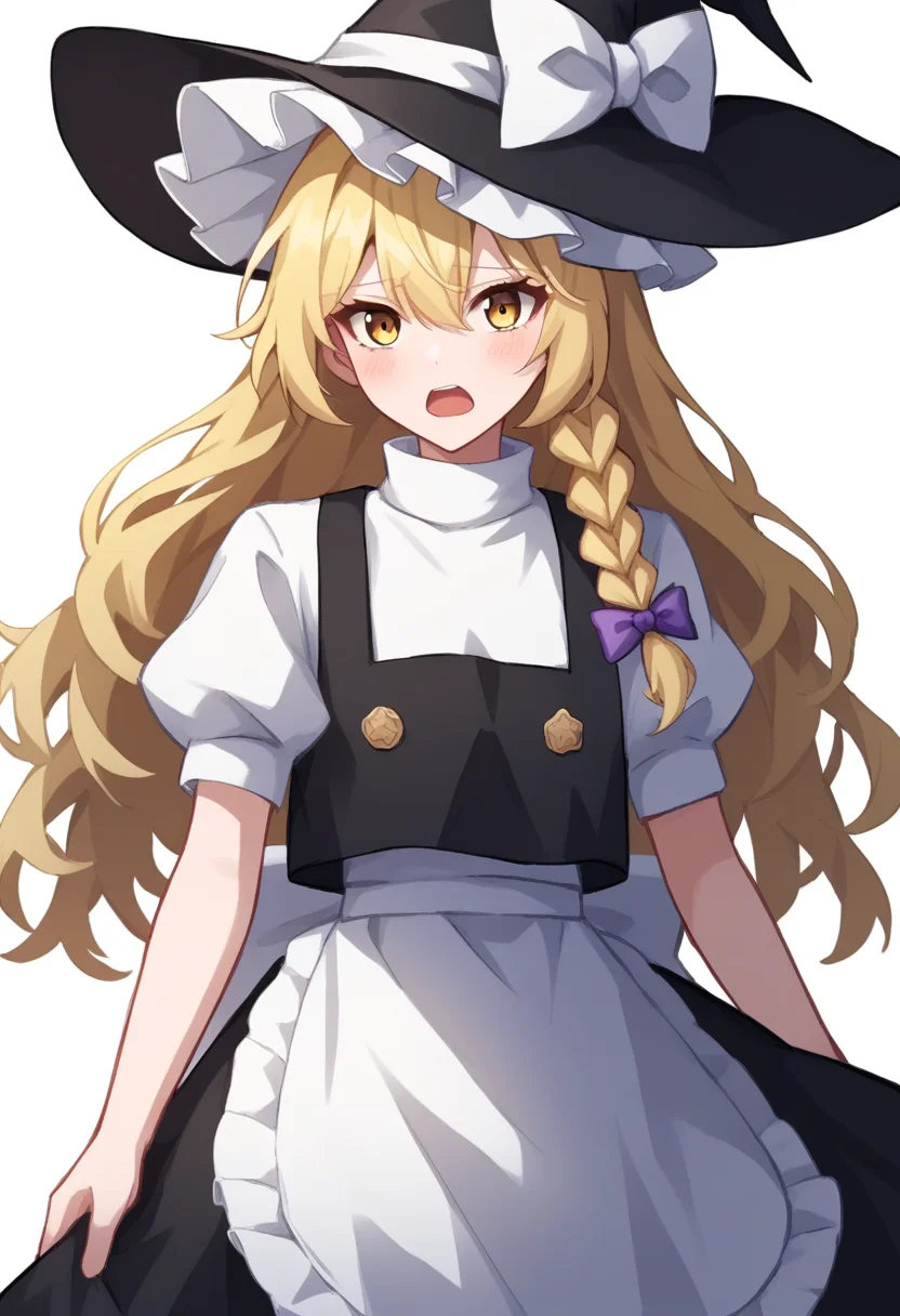 score_9,score_8_up,score_7_up,<lora:touhou_146:1>,1girl, absurdres, apron, black_hat, black_jacket, black_skirt, blonde_hair, bow, braid, hair_bow, hat, highres, jacket, kirisame_marisa, long_hair, nervous, open_mouth, purple_bow, shirt, single_braid, skirt, solo, white_apron, white_background, white_bow, white_shirt, witch_hat, yellow_eyes