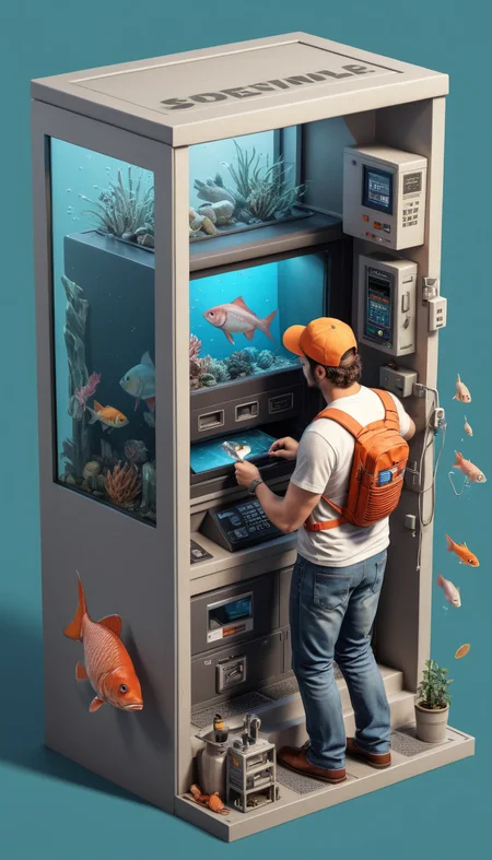a realistic photo of big ATM machine repairer bumping into Fish , <lora:IPXL_v2:0.3> inkpunk, <lora:Isometric Cutaway:0.8> Isometric Cutaway page,  <lora:Astigmatism_0.5b:0.33>,  <lora:add-detail-xl:2>