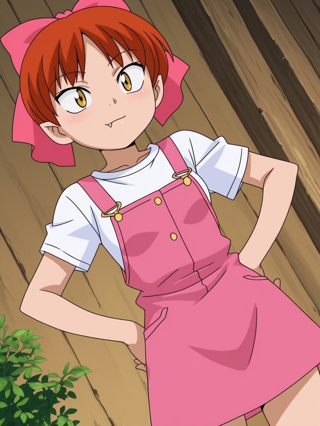 masterpiece, best quality, amazing quality, detailed background, perfect eyes, anime coloring, anime screenshot, 2000s \(style\), 1girl, solo, nekomusume (gegege no kitaro 5), red hair, short hair, choppy bangs, pink hair bow, yellow eyes, small breasts, white t-shirt, short sleeves, pink overall skirt, pink footwear, hands on hips, fang out, dutch angle, cowboy shot, (outdoors),