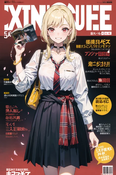 masterpiece, best quality, full body,
1girl, bangs, black choker, black necktie, blonde hair, blue skirt, blush, bracelet, breasts, choker, clothes around waist, collarbone, collared shirt, cowboy shot, dress shirt, ear piercing, eyebrows visible through hair, gradient hair, grin, gyaru, jewelry, kogal, long hair, looking at viewer, loose necktie, necktie, piercing, plaid, plaid skirt, pleated skirt, red eyes, ring, school uniform, shirt, skirt, smile, solo, white shirt,
street, sky, cherry blossoms, petals,illustration, (magazine:1.3), (cover-style:1.3), fashionable, woman, vibrant, outfit, posing, front, colorful, dynamic, background, elements, confident, expression, holding, statement, accessory, majestic, coiled, around, touch, scene, text, cover, bold, attention-grabbing, title, stylish, font, catchy, headline, larger, striking, modern, trendy, focus, fashion,