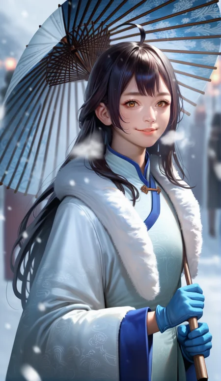 score_9,score_8_up,score_7_up,
<lora:xinxianying:0.9>,xinxianying,
highres,photorealism,bloom,
1girl,solo,long black hair,bangs,ahoge,
yellow eyes,looking at viewer,parted lips,smile,steam,
white and cyan gown,fur cape,blue gloves,
upper body,holding blue oil-paper umbrella,
blurry background,outdoors,winter,snowfield,sun,light particles,warm,snowing,street,halo,