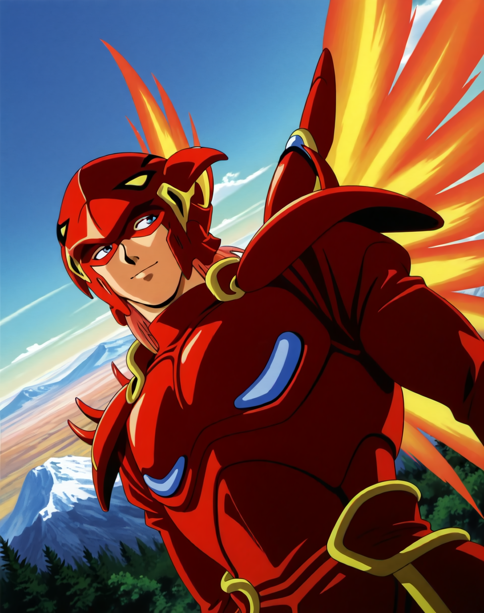<lora:Mushra_(Shinzo)_(Illustrious)_(AD):1.35> Mushra, phoenix armor, Shinzo, 
exterior, vivid anime blue sky with detailed clouds, mountains, nature, dynamic action, dutch angle, male focus, head turned to side, glossy red armor, brash happy expression, male focus, forward facing, anime from the early 2000s, 
BREAK: lazypos (3),