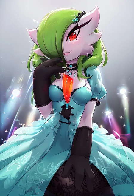 (((gardevoir))), female, furry, (long green hair), pale skin, (score_9, score_8_up, score_7_up), 20 year old, long green hair, idol dress, perky breasts, hair over breasts, long hair, pretty face, looking at viewer, red eyes, vivid eyes, EGirlMakeup, light freckles, idol outfit, singing, on the stage, volumetric lighting, vivid colours, g0thicPXL, face focus, Rilex Lenov Art style