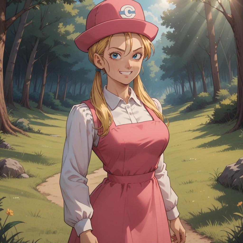 score_9, score_8, BREAK, solo, Marron_(Dragon_Ball_GT), long hair, blonde hair, blue eyes, twintails, hair tie, hair over shoulders, pink dress, sleeveless dress, collared shirt, long sleeves, white socks, yellow footwear, pink headwear, hat, tall, adult female, mature female, big breasts, self portrait, smile, looking at viewer, outdoors, sunlight, shadows, evening lighting, natural lighting, forest, trees, grass, orange sky, sunset
