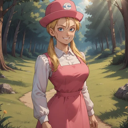 score_9, score_8, BREAK, solo, Marron_(Dragon_Ball_GT), long hair, blonde hair, blue eyes, twintails, hair tie, hair over shoulders, pink dress, sleeveless dress, collared shirt, long sleeves, white socks, yellow footwear, pink headwear, hat, tall, adult female, mature female, big breasts, self portrait, smile, looking at viewer, outdoors, sunlight, shadows, evening lighting, natural lighting, forest, trees, grass, orange sky, sunset