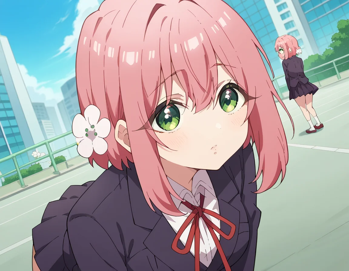 score_9, score_8_up, score_7_up, source_anime,
hakarihanazono, <lora:hakari-hanazono-s1-ponyxl-lora-nochekaiser:1>,
hakari hanazono, short hair, hair ornament, green eyes, pink hair, flower, hair flower, hair between eyes, sidelocks,
skirt, shirt, ribbon, school uniform, blazer, white shirt, pleated skirt, collared shirt, black skirt, red ribbon, neck ribbon,
outdoors, cityscape, bent over,
looking at viewer, dutch angle, cowboy shot,