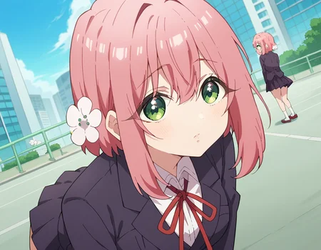 score_9, score_8_up, score_7_up, source_anime,
hakarihanazono, <lora:hakari-hanazono-s1-ponyxl-lora-nochekaiser:1>,
hakari hanazono, short hair, hair ornament, green eyes, pink hair, flower, hair flower, hair between eyes, sidelocks,
skirt, shirt, ribbon, school uniform, blazer, white shirt, pleated skirt, collared shirt, black skirt, red ribbon, neck ribbon,
outdoors, cityscape, bent over,
looking at viewer, dutch angle, cowboy shot,
