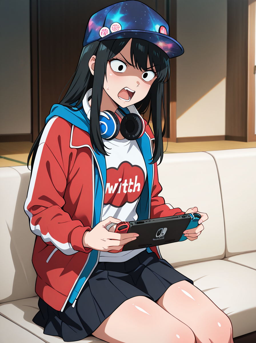 masterpiece, best quality, amazing quality, very aesthetic, absurdres, newest,shiny skin  anime screenshot,  anime coloring,  <lora:SaibaNicoILL:1>saibanico, 1girl, solo, black hair, jacket, hat, headphones, long hair, headphones around neck, skirt, baseball cap, shirt hospital,  sitting nintendo switch,  angry open mouth,