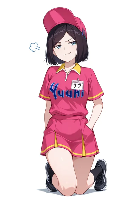 masterpiece,high quality details, absurdres,
 <lora:Sara_Takahashi:0.8> 
sara_cnr,1girl, black hair, bob cut,  short hair, bangs, blue eyes,
 sara_s1, employee uniform,pink shirt, short sleeves,skirt, hat, baseball cap, black socks,black sneakers,, simple background, white background, front view,solo,, annoyed,smirk,, one hand in pocket,kneeling with thighs apart,standing with weight on one leg,