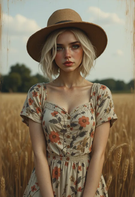 analog film photo 22yo Ukrainian Woman in a simple, vintage 1920s peasant dress with a playful floral pattern knee-length, paired with sturdy brown boots, posing waist-high with a joyful, carefree expression, freckles, wheat field, short bobbed hair under a wide-brimmed straw hat. Hyper detailed captured from a front view highlighting a nostalgic and cheerful composition, playful pose, photorealistic, soft vibrant colors, ultra detailed, skin pores, sharp focus, studio photo, intricate details, highly detailed., <lora:aidmaFLuxPro1.1_v0.3:0.5> aidmafluxpro1.1 . <lora:OBååå®èåç»V2.0:0.6> obxiaoxiang <lora:FluxD3tailedP0rtraits:0.4> . faded film, desaturated, 35mm photo, grainy, vignette, vintage, Kodachrome, Lomography, stained, highly detailed, found footage