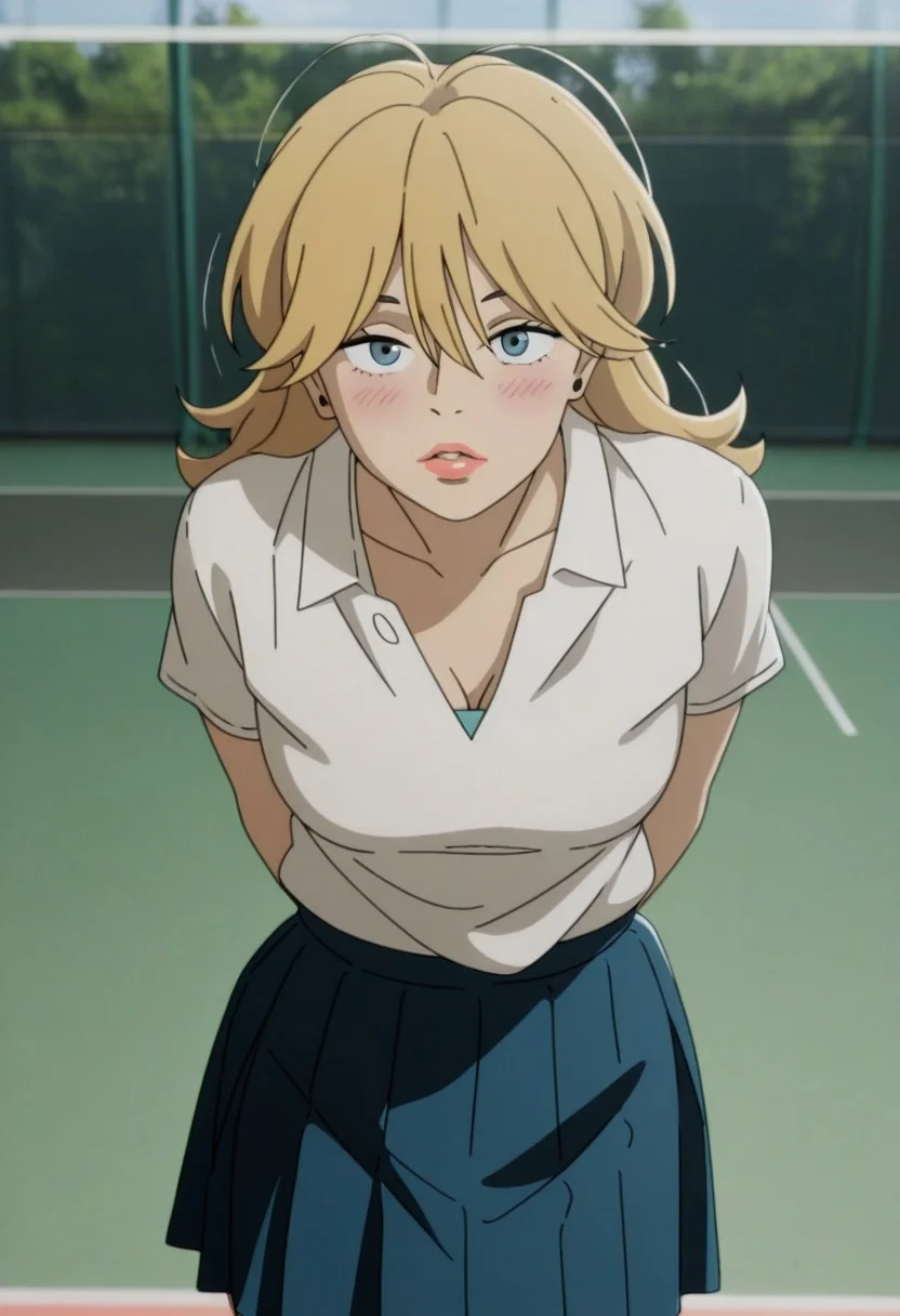 masterpiece, best quality, amazing quality, 1girl, solo, makeup, general, looking at viewer, blush, highres, workoutfit1, 1girl, long blonde hair, bangs, messy hair, blue eyes, medium breast, cleavage |tennis uniform, white shirt, pleated skirt