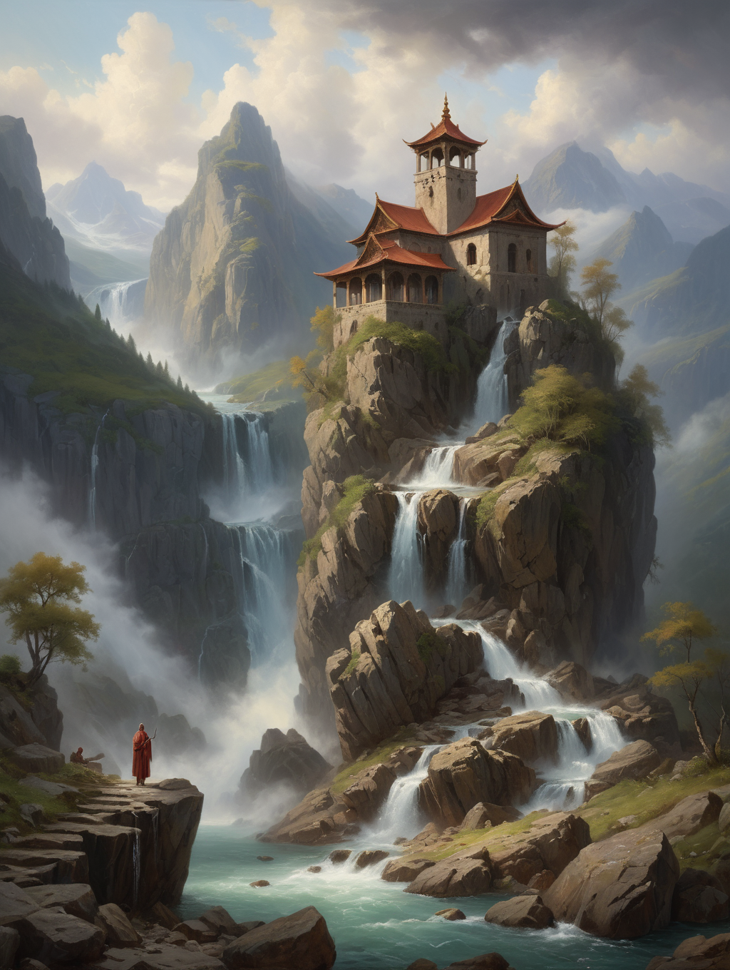 oil painting ,
 A lonely hermitage high up on a rugged rocky outcrop, 34K uhd, masterpiece, high detail, 8k, intricate, detailed, high resolution, high res, high quality, <lora:add-detail-xl:1.8>, highly detailed, Extremely high-resolution details, fine texture,