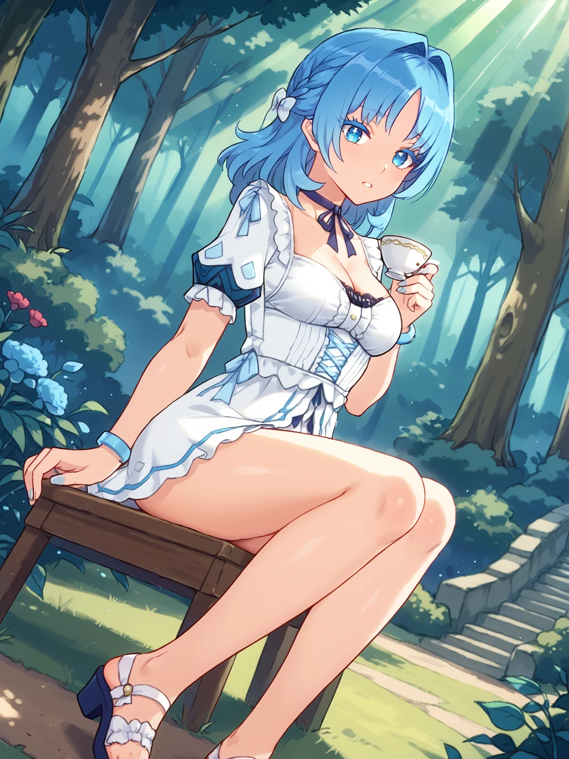 score_9, score_8_up, score_7_up, source_anime, BREAK
(detailed face, detailed eyes, portrait, closeup:1.5), (beautiful forest garden, perfect lighting, god rays, bloom:1.5), outdoors, daytime,teeth, pov, parted lips, (bare legs:1.5), sandals, white footwear, beautiful forest garden, grass, dirt path, antique mansion, outdoors, daytime, sitting in garden chair, white chair, white table, drinking from teacup, side view, next to round garden table, (perspective, dutch angle:1.3), BREAK
<lora:Genshin_NPC_MaryAnn_Pony_v1:0.8>, (long eyelashes, thick eyelashes:1.5), 1girl, solo, shiny hair, blue hair, shiny blue eyes, blue nails, nail polish, toenail polish, bow, ribbon, jewelry, collarbone, cleavage, choker, medium hair, puffy white sleeves, short sleeves, white dress, (frills, lace:1.5), french braid, bracelet, hair intakes, medium breasts, lips, (wide hips, thicc thighs:1.3)