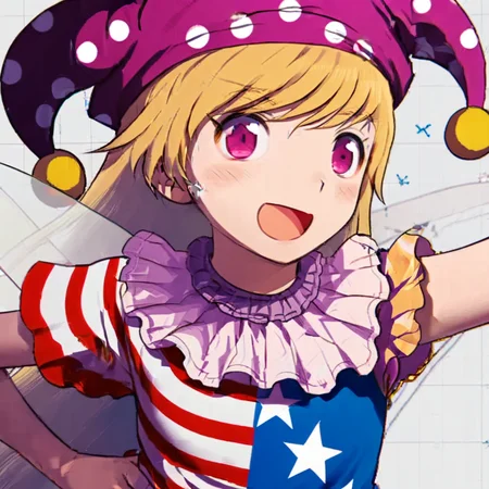 clownpiece 1girl, solo, long hair, blush, smile, open mouth, bangs, blonde hair, hat, hair between eyes, upper body, short sleeves, wings, striped, pink eyes, star (symbol), arm up, polka dot, fairy wings, star print, purple headwear, jester cap, american flag dress, neck ruff, clownpiece <lora:Gumi-000064:1>