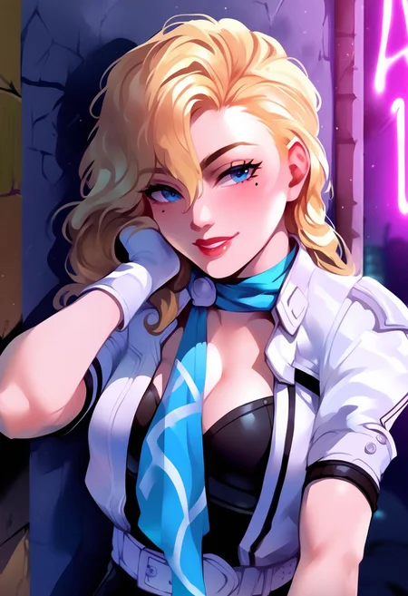 masterpiece, best quality, score_9, score_8_up, score_7_up, 1girl, hand on hair, leaning over, looking at the viewer, tilted head, calm face, futuristic city, street, neon signs, blur background hirokosmtii, long hair, blonde hair, mole under eye, blue eyes, thighhigh boots, black bodysuit, legless bodysuit, gartelt belt, scarf, gloves, cleavage, white jacket, short sleeves, garterbelt, leather clothes, bare thighs, seductive, leaning against wall, cowboy shot, night, night sky,