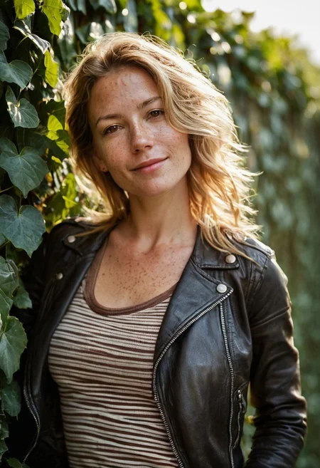Stunning photo of a 41 years old Dutch woman, sideview, selfie, striped t-shirt, leather jacket, leather pants, very pretty, fit, skinny, highly detailed face, highly detailed skin, freckles, many freckles on arms and tits, freckles and moles all over body, natural breasts, perfect breasts, hard nipples, Rounded ass, blonde hair, pubic hair, messy hair, medium hair, brown eyes, highly detailed skin, highly detailed face, shy smile, very much in love with viewer, gentle morning light touching her cheeks, foggy, against an old ivy covered wall, ultra realistic, extremely detailed, 35mm, film grain, masterpiece, sharp focus, shot on Kodak, lens flare, cinematic, (ultra high res: 1.2), (photo-realistic: 1.3) (skin pores: 1.1)