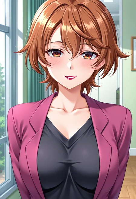 masterpiece, best quality, amazing quality, absurdres, 1girl, solo, (portrait:1.2), misaoww, mature female, brown eyes, brown hair, short hair, lipstick, medium breasts, formal, light purple jacket, black shirt, looking at viewer, smile, indoors, day, skindentation, detailed clothing folds, depth of field, sharp, high contrast, dynamic light <lora:Kotobuki_Misao_Himegoto:0.8>