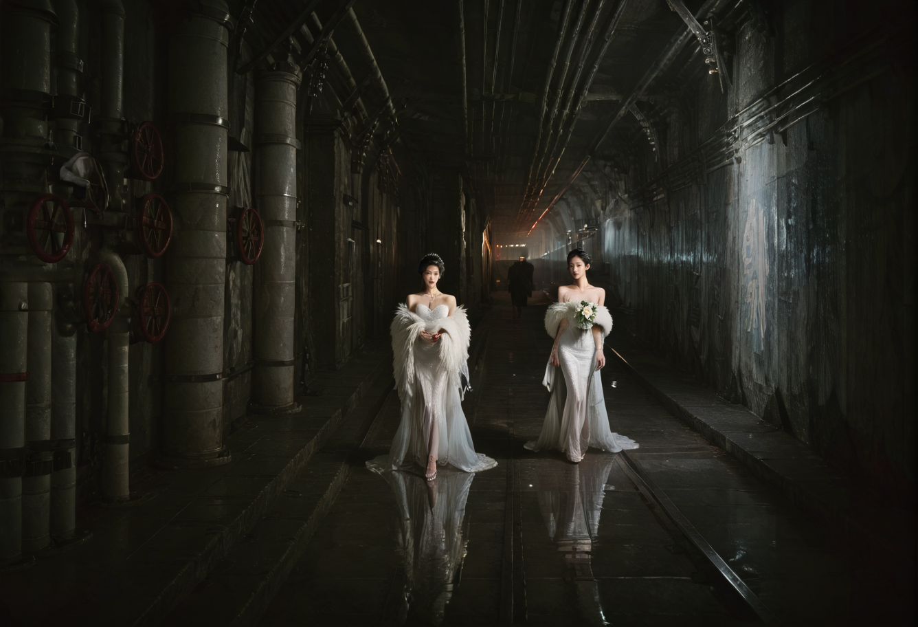 ,ruanyi0886,indoors,tunnel,pillar,,ruanyi0836,white dress,wedding dress,see-through,shawl,feather boa,<lora:0886 tunnel_v1_pony:1>,<lora:0836 fishtail luxury wedding dress_v1_pony:0.7>, score_9,score_8_up,score_7_up,,8k,1girl,solo,,