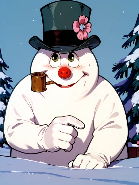 <lora:norman_rockwell_style_pony_v6:1> norman rockwell style, score_9, score_8_up, score_7_up, score_6_up,   <lora:Frosty_-_Frosty_the_Snowman:1> frostythesnowman, no humans, red nose, top hat, hat flower, pipe, smoking, smile, snow