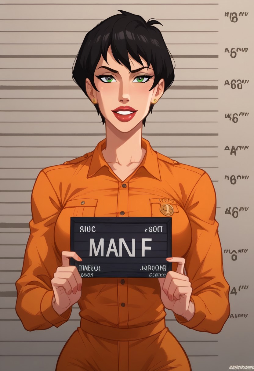score_9, score_8_up, score_7_up, 4k, best quality, masterpiece, perfect body, perfect eyes, perfect hands, 
mature_female, MILF, voluptuous body, 
BREAK
ctwmnhsh, short hair, medium breasts, proud, orange jumpsuit, prison uniform, 
BREAK
<lora:barbie-mugshot-ponyxl-lora-nochekaiser:1> barbie mugshot, barbie mugshot (meme) height mark, holding sign, nameplate, height chart, sign, meme,
BREAK
cowboy shot, dutch angle