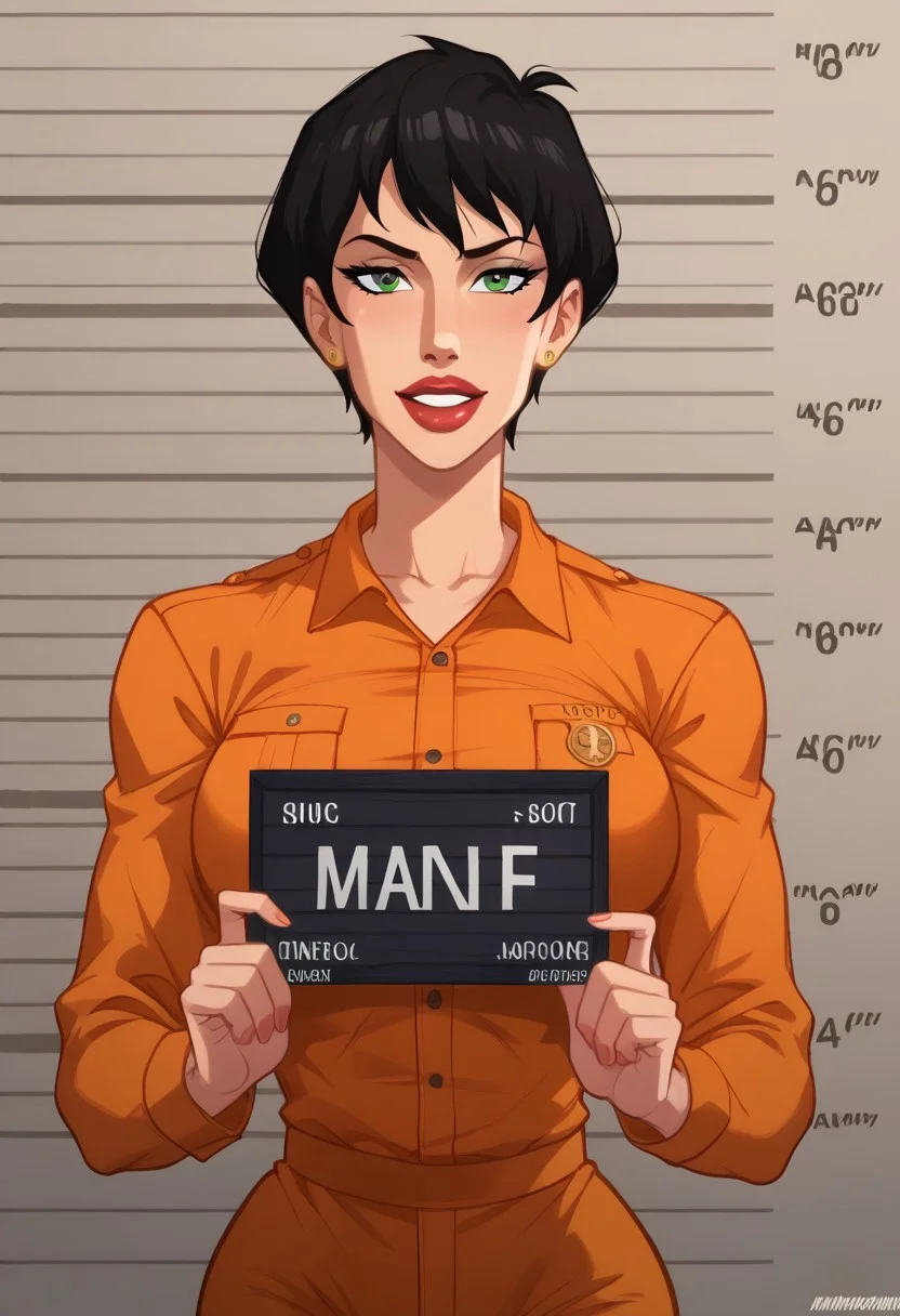 score_9, score_8_up, score_7_up, 4k, best quality, masterpiece, perfect body, perfect eyes, perfect hands,
mature_female, MILF, voluptuous body,
BREAK
ctwmnhsh, short hair, medium breasts, proud, orange jumpsuit, prison uniform,
BREAK
<lora:barbie-mugshot-ponyxl-lora-nochekaiser:1> barbie mugshot, barbie mugshot (meme) height mark, holding sign, nameplate, height chart, sign, meme,
BREAK
cowboy shot, dutch angle