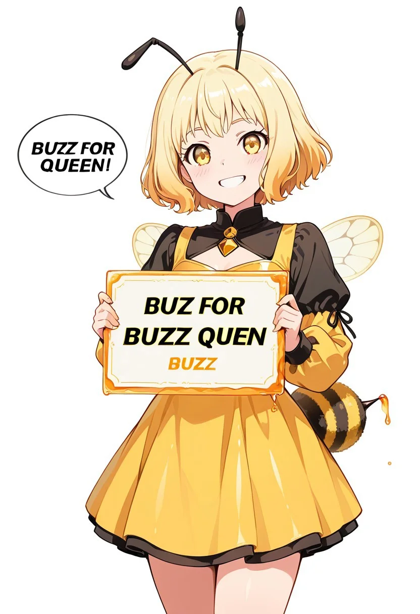 <lora:PAmitie_SDXL_Illustrious01_fp16_ver01:1>, PAmitie, 1girl, solo,anime,creative,bee,girl,beegirl,black and yellow dress, bee antenna, honeycomb,honey, honey colored eyes, bee stinger, petite, holding sign,need_buzz,"help your queen", mouth open, speaking, cowboy shot, (white speech bubble,english text,talking, Buzz for your queen:1.2) royal, smile, cute, (masterpiece), best quality, (highly detailed), very aesthetic, absurdres,<lora:detailed_hands:1>, hand