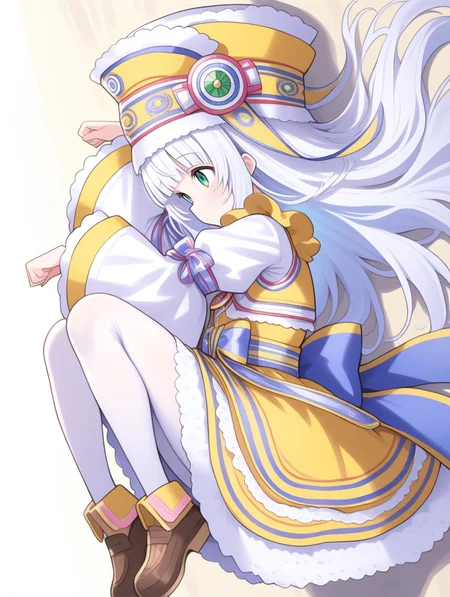 perfect quality,best quality,absolutely eye-catching,ambient occlusion,raytracing BREAK
1girl,<lora:riria IL v1.1:0.9>,riria,white hair,green eyes,long hair,hat,dress,lace trim,wide sleeves,long sleeves,shoes,ribbon,whie pantyhose,, from side, looking away,close-up,lying,cat_pose,arm_around_waist,m_legs,