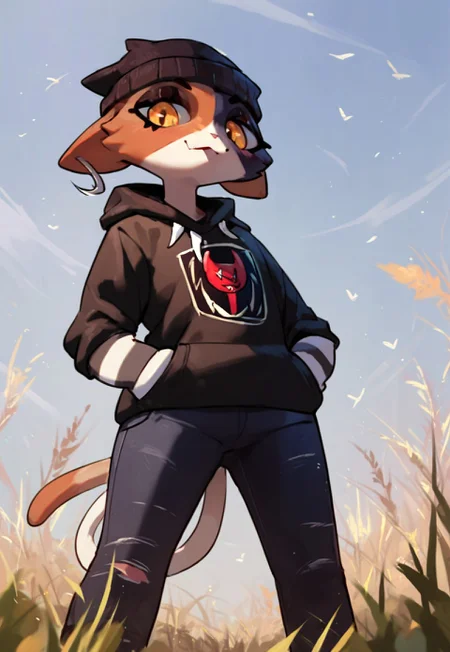 score_9, score_8_up, score_7_up, score_6_up, score_5_up, score_4_up, source_furry, rating_questionable, Meowskulls is standing in a field of grass with her hands in her pocket