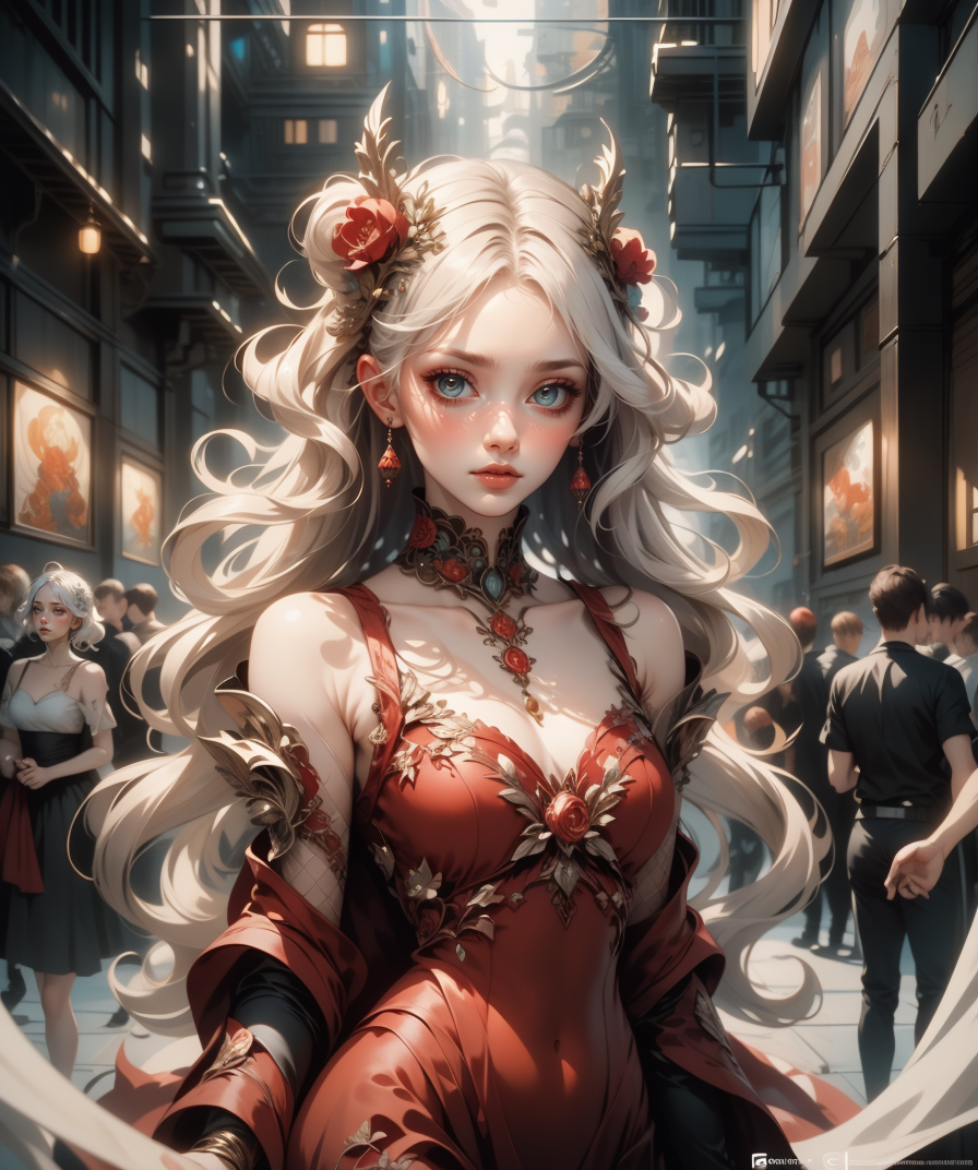 (masterpiece), (best quality), (vibrant light colors), intricate pattern, <lora:AnzhcDreamwave v3_1 watermark fix:0.5> anzhcdreamwave, aesthetic, canvas with red paint, 1girl, white hair, pale, creativity, white dress, hair ornament, dreamlike, (blurry background:1.1)