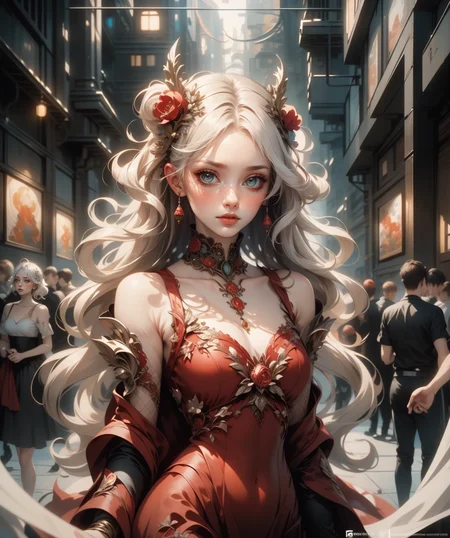(masterpiece), (best quality), (vibrant light colors), intricate pattern, <lora:AnzhcDreamwave v3_1 watermark fix:0.5> anzhcdreamwave, aesthetic, canvas with red paint, 1girl, white hair, pale, creativity, white dress, hair ornament, dreamlike, (blurry background:1.1)