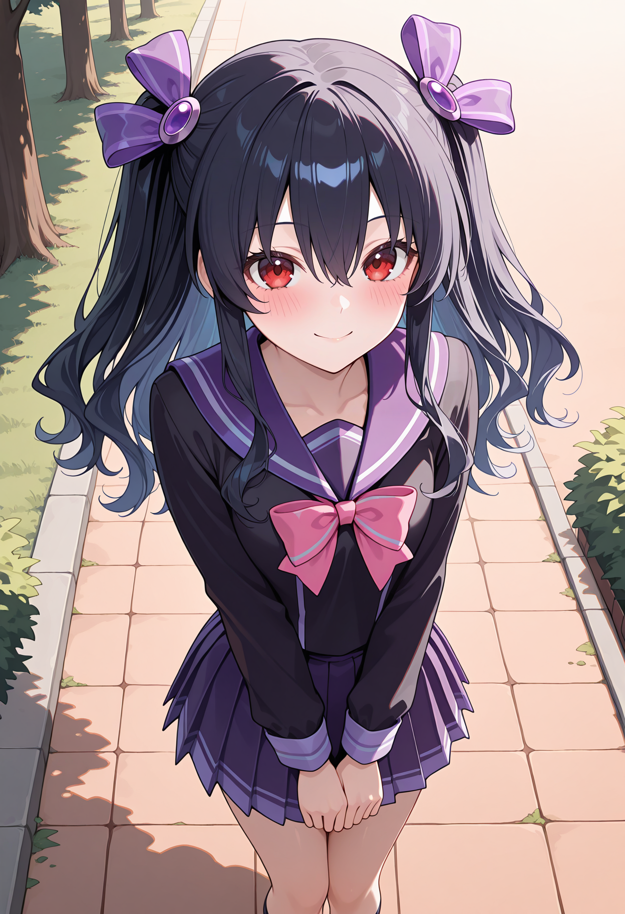 highres, best quality, masterpiece, outdoors, 
1girl, solo, nptuni, black hair, long hair, red eyes, two-side up, hair between eyes, hair ornament,
1niscl, hair ribbon, purple ribbon, purple sailor collar, school uniform, black shirt, long sleeves, pink bow, black shirt, pleated skirt,
looking at viewer, blush, smile,
from above,
<lora:_uni_elesico-ilxlG:1>