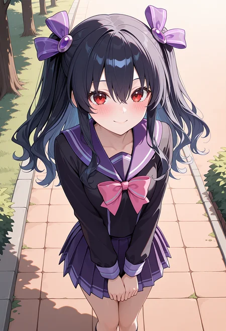 highres, best quality, masterpiece, outdoors, 
1girl, solo, nptuni, black hair, long hair, red eyes, two-side up, hair between eyes, hair ornament,
1niscl, hair ribbon, purple ribbon, purple sailor collar, school uniform, black shirt, long sleeves, pink bow, black shirt, pleated skirt,
looking at viewer, blush, smile,
from above,
<lora:_uni_elesico-ilxlG:1>