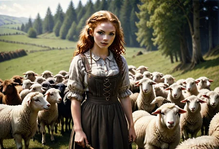 redhead, woman 18 yo, very red curly hair, ginger,
Analog film photograph, extremely detailed, photorealistic, professional photograph,
1girl, grrrl,
wearing homespun peasant dress,
shepherdess holding a shepherd's crook, flock of sheep,