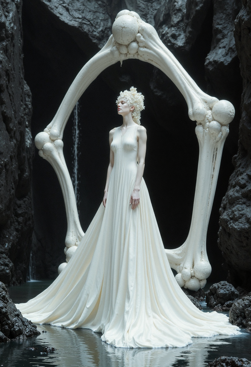 　　,A porcelain-skinned woman, her form rendered with smooth, geometric precision, stands in a serene landscape of ebony and ivory.  Abstract bone-like structures, reminiscent of a skeletal ribcage, frame her, creating a stark contrast against the flowing lines of her white dress.  Subtle textures, like the sheen of oil on water, ripple across the scene.  Her expression is serene yet melancholic, her eyes closed in quiet introspection. The overall impression is one of stark beauty and tranquil grief, a meditation on the ephemeral nature of existence.White liquid metal,gray sky,cloud