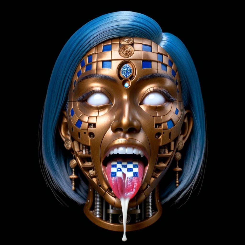 <lora:Kali_Yuga_Kali:1> kali,  indian woman,  white eyes, wooden face,  smile,  tongue out, cum on tongue, black background, simple background, bronze ceramic face , blue hair,  checkered tongue,