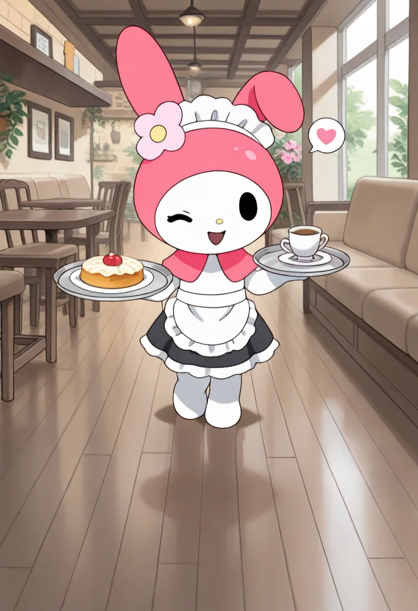 best quality, masterpiece, very aesthetic, mymelo, solo, flower, smile, open mouth, standing, looking at viewer, full body, pink flower, furry, pink capelet, solid oval eyes, black eyes, chibi, feral, maid outfit, maid headdress, tray, one eye closed, food, spoken heart, cafe, straight on