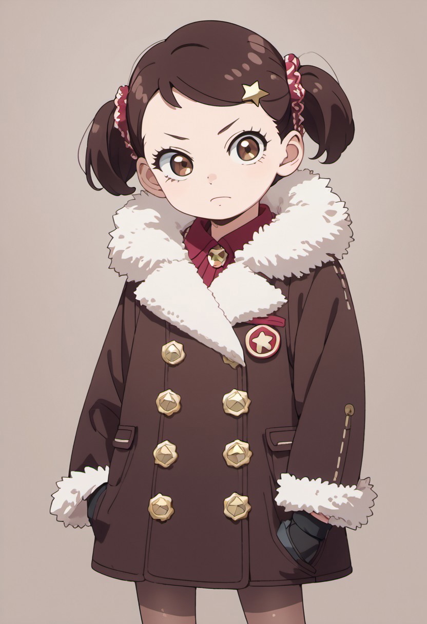 score_9, score_8_up, score_7_up, source_anime, becky blackbell, female child, child, brown hair, brown eyes, short twintails, 1girl, solo, gloves, coat, pantyhose, star (symbol), hand in pocket, fur trim