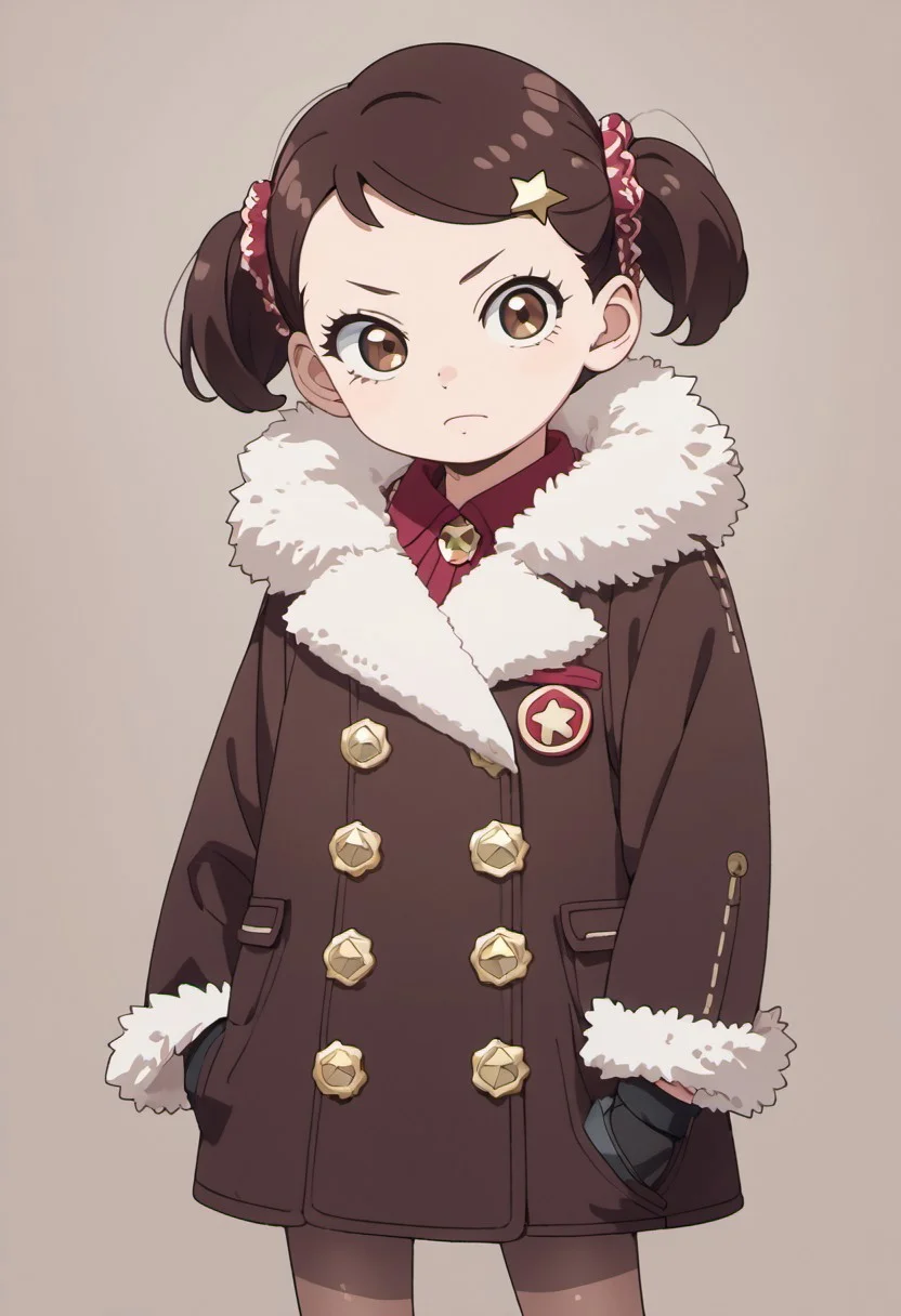 score_9, score_8_up, score_7_up, source_anime, becky blackbell, female child, child, brown hair, brown eyes, short twintails, 1girl, solo, gloves, coat, pantyhose, star (symbol), hand in pocket, fur trim