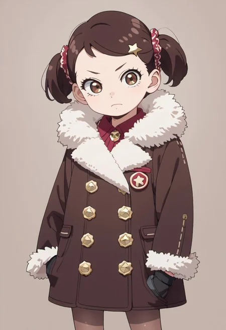 score_9, score_8_up, score_7_up, source_anime, becky blackbell, female child, child, brown hair, brown eyes, short twintails, 1girl, solo, gloves, coat, pantyhose, star (symbol), hand in pocket, fur trim
