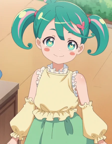 score_9, score_8_up, score_7_up, anime screencap, solo,1girl,hisui, shirt, twintails, detached sleeves, sleeveless, blush stickers, looking at viewer, skirt, yellow shirt, hair ornament, green skirt,smile <lora:hisui_pony:0.8>