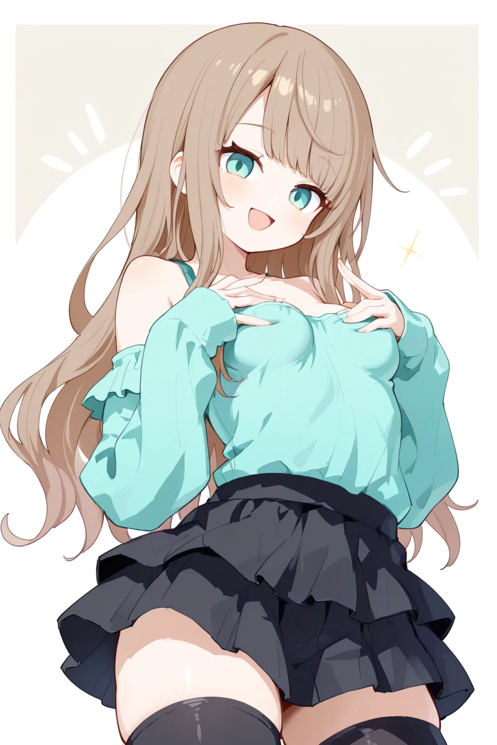 highres,absurdres,incredibly absurdres,huge filesize,cowboy shot,
1girl,solo,portrait,brown long hair,aqua eyes,blunt bangs,small breast,off shoulder aqua shirt,black skirt,black thighhighs,detached sleeves,sleeves past wrists,open mouth,smile,fingers,f,<lora:Dittogirl:0.9>,dittogirl,<lora:hand 5.5:1>,<lora:DetailedEyes_V3:1>,<lora:748cmSDXL:0.8>,solo,swept bangs,disheveled hair,medium breasts,cupping the breasts with both hands,(((support the underside of the covered breasts with both hands))),