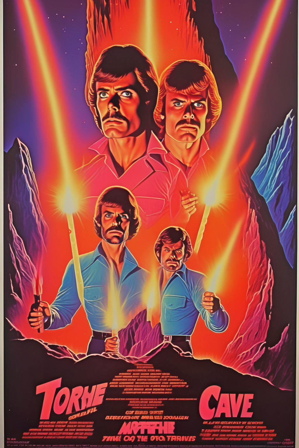 <lora:Movie Poster:1>Movie Poster - movie poster in the style of Richard Amsel, two men in front of a glowing cave with torches