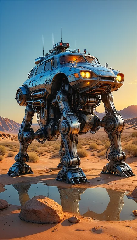 (cel-shading:2)+, (in ARTIST style:1.6), (masterpiece:1.7), night, glow neon,
hyperrealism, glossy, shinny, clear image, accurate picture, clear picture, precise image, focused image, Science fiction style, Science fiction,
(robot, no humans, mecha, reflection, science fiction, sun, non-humanoid robot, outdoors, sky, cloud, solo, water, blue eyes, desert, , mountain, glowing, Walking vehicle, car) gray paint,
night, glow neon,
(masterpiece:1.8), (highest detailed:1.8), perfectly lighted, (contrast), (saturated), (((sharp focus))),
(hyperdetailed:1.3), (intricate details:1.2), (Refined details:1.3), (best quality:1.5), highly detailed textures, vibrant colors,
(ultra sharp focus:1.8), (detailed texture:1.8), (detailed edges:1.8), (thin lines:1.8), (best quality:1.8),
<lora:Apparatus_-_Traction_City_Walkers_Vehicles:0.8>,
