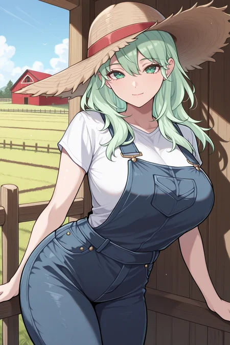 masterpiece, best quality, 1girl, solo, <lora:febyleth-illu-nvwls-v1-000006:1> dfblth, light green hair, green eyes, long hair, hair between eyes, (big breasts:0.7), straw hat, white shirt, blue overalls, denim, fence, farm, barn, blue sky, looking at viewer, light smile