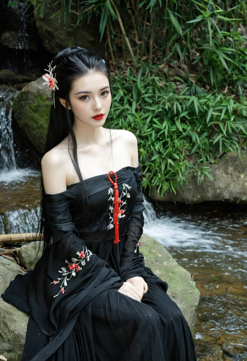 A beautiful 18-year-old Chinese woman wearing (hanfu:1.2),solo, (chinese clothes,embroidery),black hair, pale skin, hair ornament, hair flower, flower, sitting, looking at viewer, long hair, long sleeves, black dress,bare shoulders, plant,black sleeves,
sitting ,makeup,red lips,forest background,bamboo, outdoors, waterfalls, streams, stones,moss looking at viewer and facing viewer <lora:Chinese style_Hanfu_SDXL_V1-lora-æ¼¢æ:0.7>