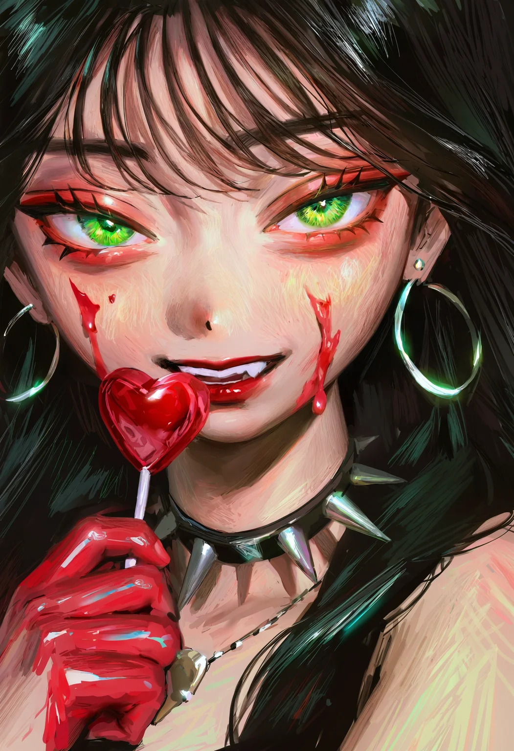 <lora:bGV0c2ZpbmFsYW5zd2Vy-noobaiXLNAIXL_epsilonPred_V110_V1-CAME>, bGV0, 1girl, candy, food, solo, jewelry, green eyes, blood on face, lollipop, holding candy, earrings, black hair, looking at viewer, blood, holding lollipop, holding food, holding, necklace, blood on hands, portrait, spikes, smile, makeup, hoop earrings, teeth, long hair, eyelashes, parted lips, black background, spiked collar, red lips, eyeshadow, hand up