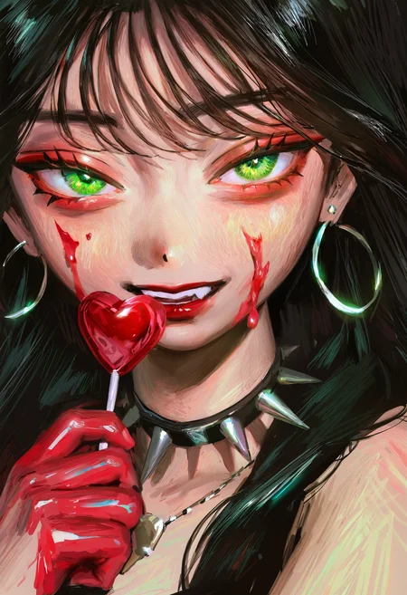 <lora:bGV0c2ZpbmFsYW5zd2Vy-noobaiXLNAIXL_epsilonPred_V110_V1-CAME>, bGV0, 1girl, candy, food, solo, jewelry, green eyes, blood on face, lollipop, holding candy, earrings, black hair, looking at viewer, blood, holding lollipop, holding food, holding, necklace, blood on hands, portrait, spikes, smile, makeup, hoop earrings, teeth, long hair, eyelashes, parted lips, black background, spiked collar, red lips, eyeshadow, hand up